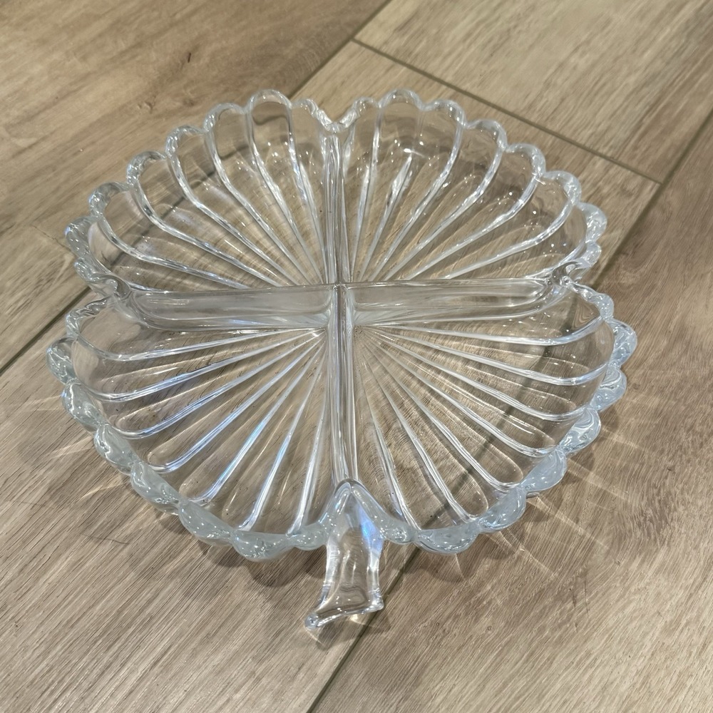 Vintage Clear Glass Four Leaf Clover Divided Relish Candy Serving Tray Dish 8.5”